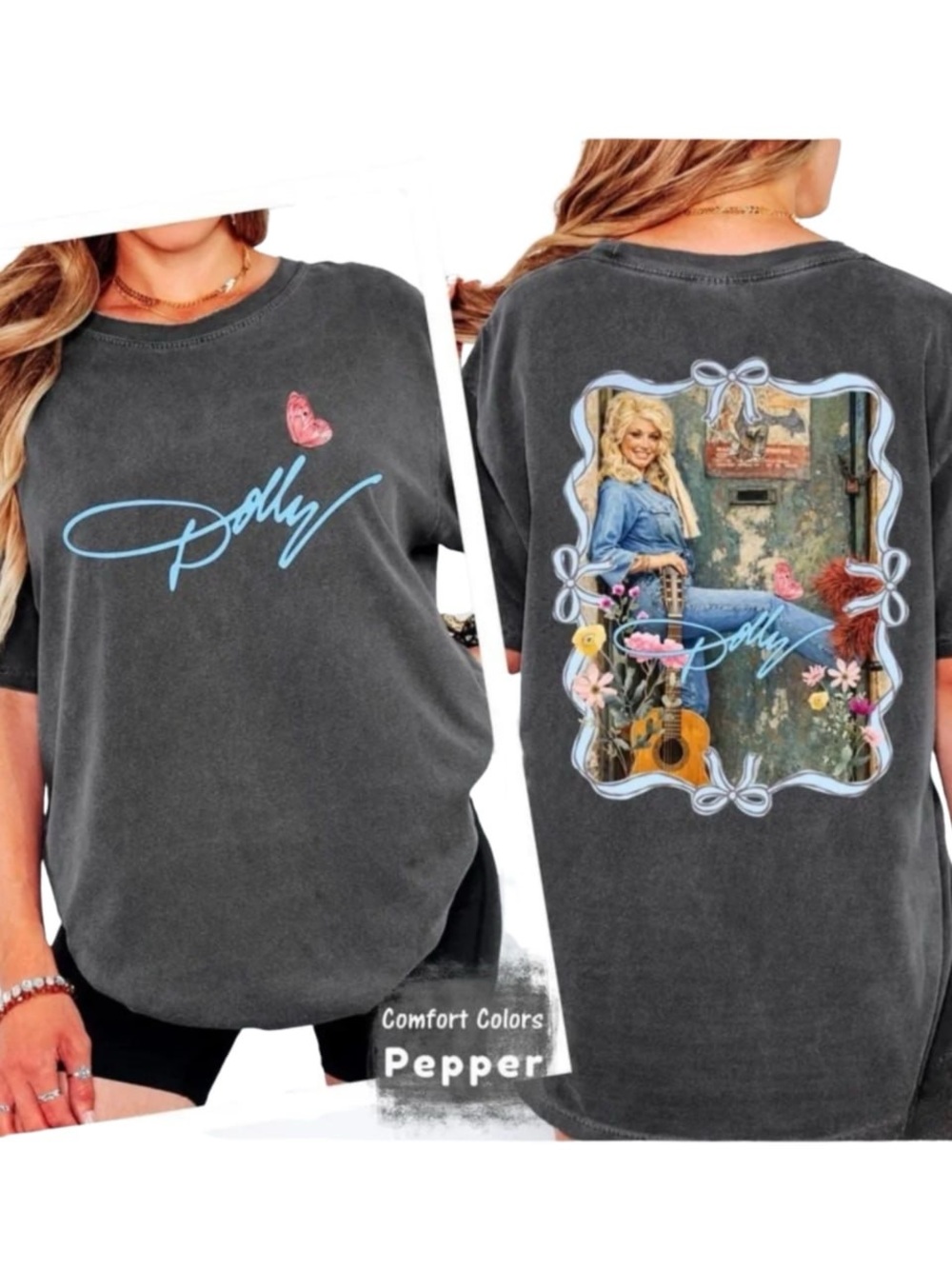 Comfort Colors Pepper Gray Tee with Blue Script and Pink Butterfly
